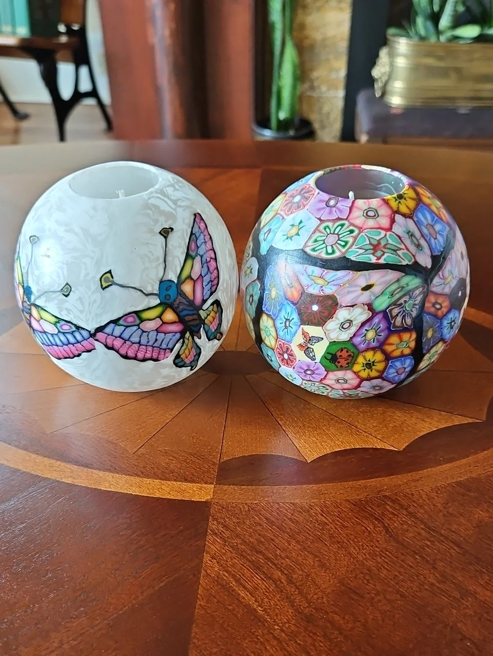 Set of 2 Handcrafted Sphere Art Candles - Butterfly & Floral Millefiori
